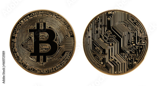 Two digital currency coins, one face showing the iconic 