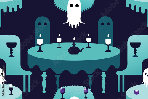 Spooky dining room with cobwebs and candlelight vector illustration
