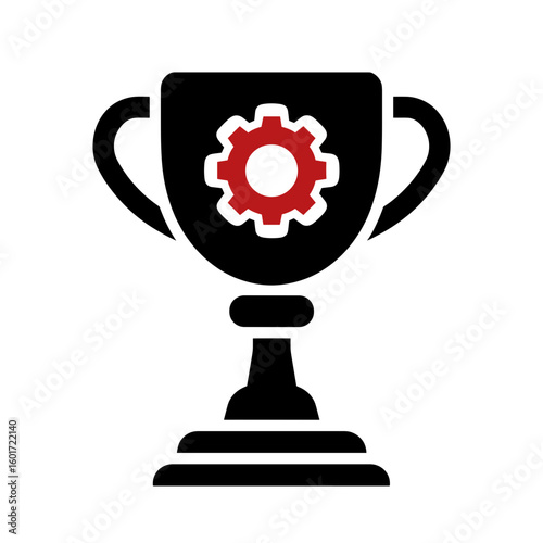 Vector icon of a trophy with a gear symbol representing achievement in technology or engineering.
