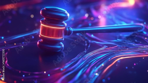 A gavel rests on a dark surface with glowing neon lines and bokeh lights