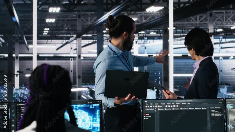 Data center manager supervising work done by programmers working on neural network software. Server hub supervisor overseeing IT staff members implementing deep learning tech, camera A
