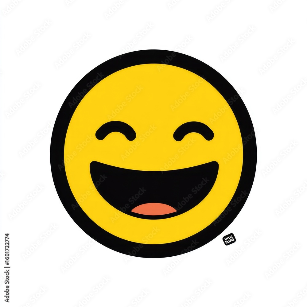 Fototapeta premium Smiling, laughing emoji. Yellow face with black outline
