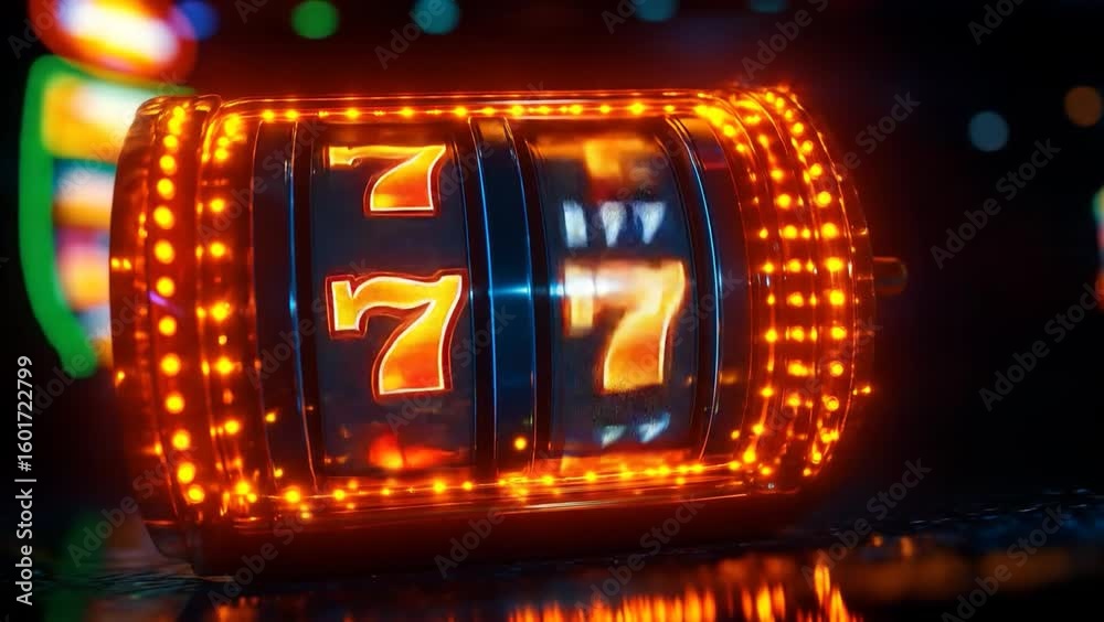 Closeup of a slot machine with three 7 symbols and orange lights