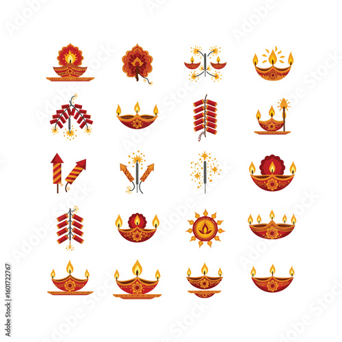 Diwali Festival Icons 16 Festive Designs of Diyas Fireworks and Candles