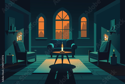 Dark corner with hanging herbs and potion bottles vector illustration