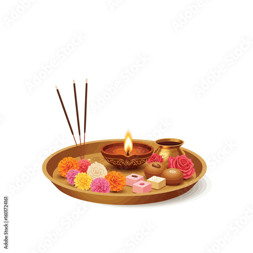 Traditional Indian Pooja Thali with Flowers Sweets Diya and Incense Sticks
