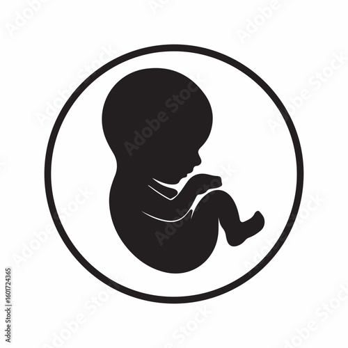 Stylized black silhouette of a fetus curled within a circle white