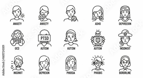 rs Line Icon Set – Vector Anxiety, Depression, ADHD, OCD, PTSD, Autism, Insomnia, Phobia, BPD Thin Linear Illustration