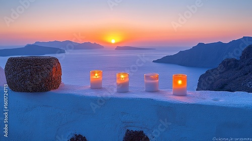 Sunset over the sea with candles on a white wall.