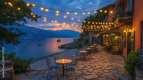 Lakeside cafe with string lights at twilight.