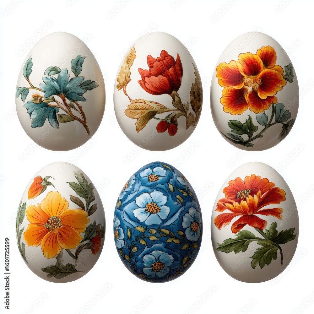 Fototapeta premium Six Easter eggs decorated with floral patterns floral design