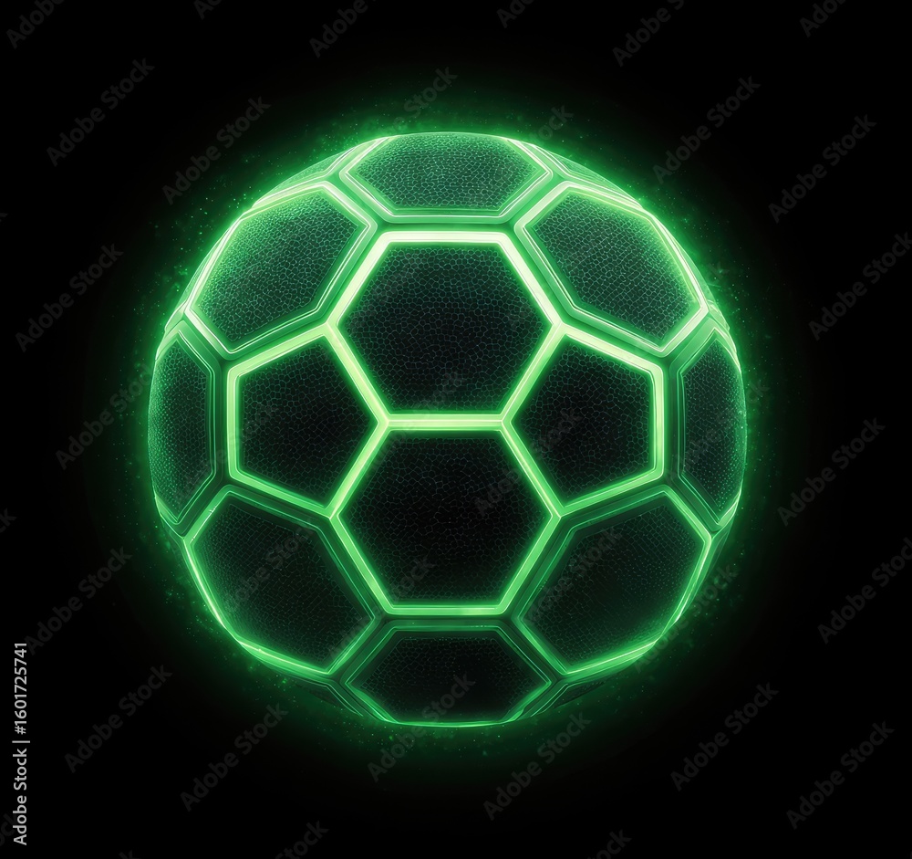 Fototapeta premium Glowing green hexagonal soccer ball on black background, emitting a soft light
