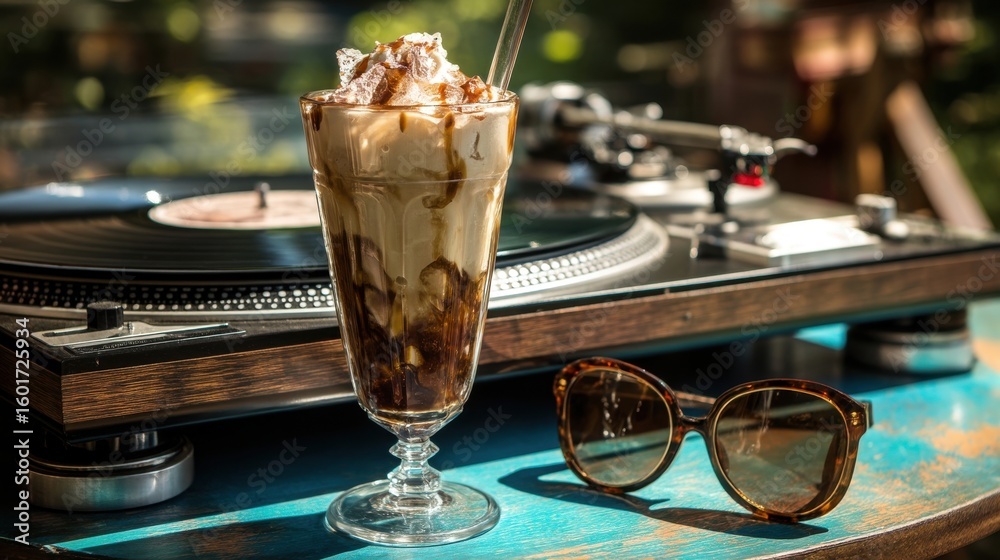Fototapeta premium Summer Nostalgia Root Beer Float and Vinyl Vibes