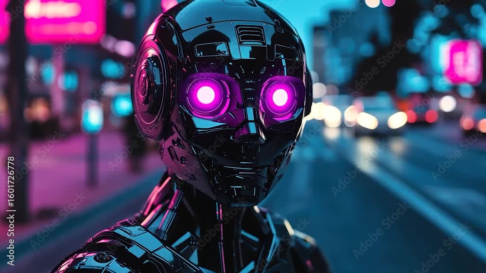 Futuristic robot in a city street at night Futuristic robot in a city street at night