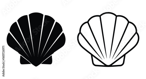 Two stylized scallop shell icons one solid black and one outline