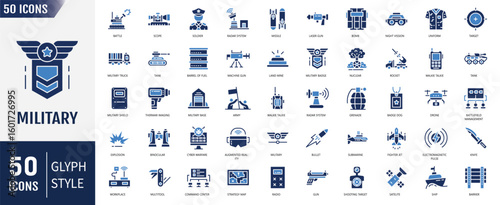 Military flat icon set. Containing Military Equipment, tools, aids, appliances and more. Vector illustration
