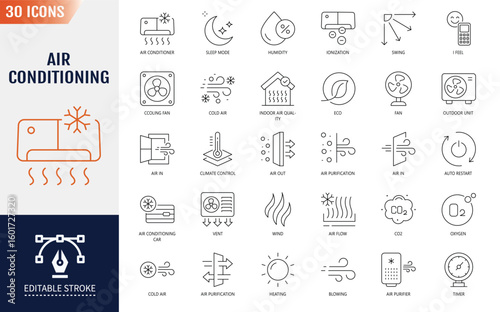 Air conditioning Line Editable Icons set.  Containing cooling, heating, air ionization, and more. Vector illustration