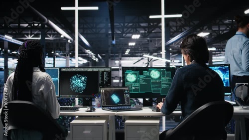 Server hub engineers alarmed by cyberattack accessing confidential data, working to secure systems. Teamworking data center colleagues fighting malware intrusion during security breach, camera A