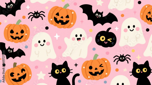 A playful and whimsical Halloween pattern featuring a seamless arrangement of cute, spooky elements on a soft pink background. Halloween, Halloween Costumes, Halloween Background, Happy Halloween