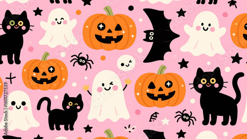 A playful and whimsical Halloween pattern featuring a seamless arrangement of cute, spooky elements on a soft pink background. Halloween, Halloween Costumes, Halloween Background, Happy Halloween