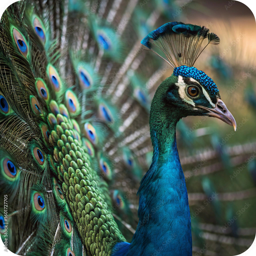 Fototapeta premium A stunning close-up portrait of a colorful blue and green peacock with vibrant, fanned feathers, showcasing its beautiful eye and intricate plumage