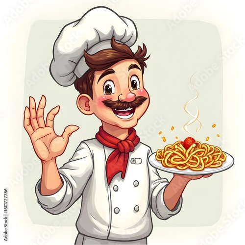 Cartoon Italian Chef Presenting Spaghetti with Meatball and Smiling Happily
