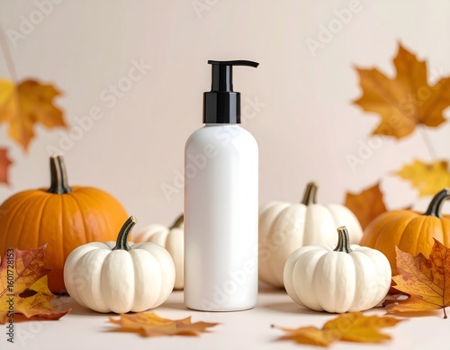 Fototapeta Naklejka Na Ścianę i Meble -  White cosmetic pump bottle standing among mini white pumpkins and autumn leaves on soft beige background, representing seasonal skincare or beauty product with minimalist fall theme
