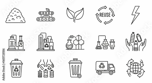 Plastic Recycling Line Icon Set – Vector Waste, Sustainability, Reuse, Sorting, Chemical, Thermal, Logistics, Thin Linear Illustration