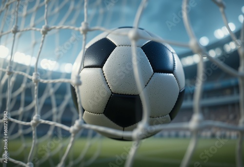 soccer ball hitting the net during an intense stadium match under floodlights