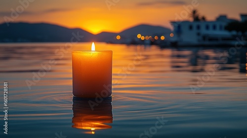 Peaceful candle floating on rippled water at sunset.