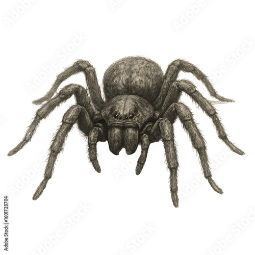 Illustration of a large hairy spider with eight legs on a white background on transparent background silhouette