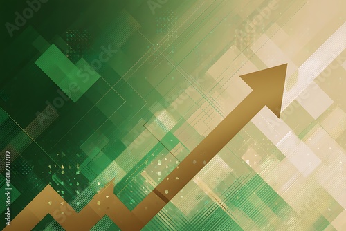 A Golden Arrow Points Upward Through a Gradient of Green and Beige Squares Symbolizing Financial Growth and Economic Advancement