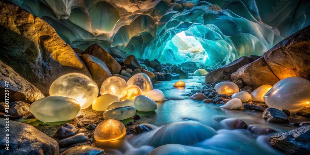 Naklejka premium Illuminated Stones in Ice Cave Stream