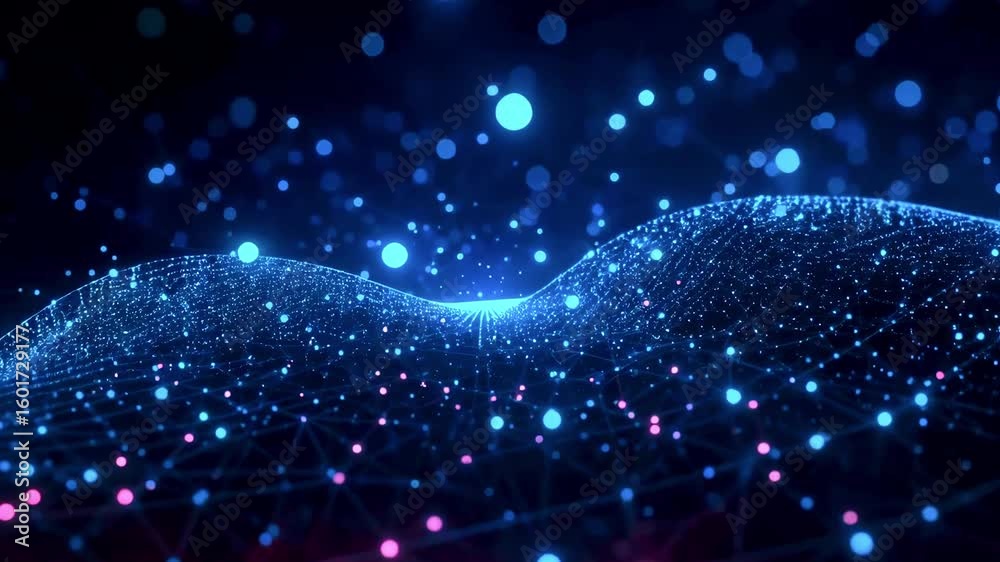 Abstract representation of digital waves with glowing particles in a dark space, symbolizing data flow