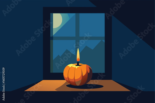 firelit skull candle on fireplace vector illustration