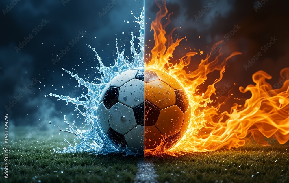 Fototapeta premium Dynamic representation of a soccer ball with contrasting fire and water elements symbolizing