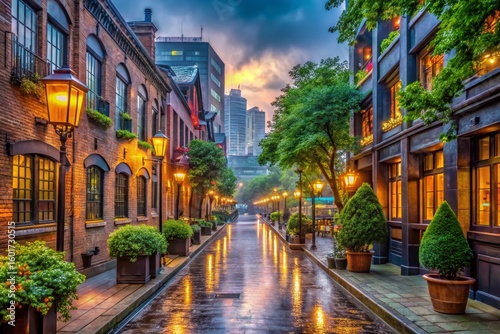 Wet City Street at Dusk