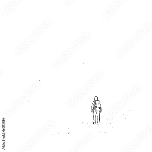 A minimalist sketch of a lone traveler with a backpack walking away on a white background landscape view