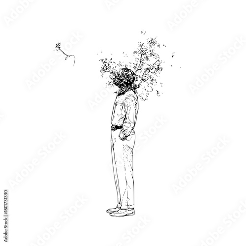 Illustration of a man in a shirt and pants with his head replaced by a bouquet of flowers and leaves