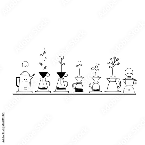 Arrangement of coffee brewing methods with plant life sprouting from them on a single shelf in black and white