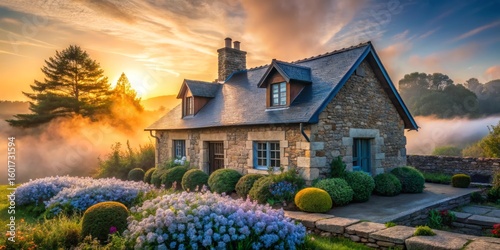 Stone Cottage with Flower Garden at Sunrise