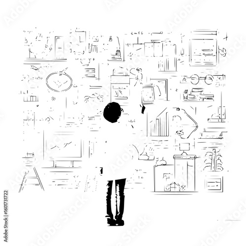 Person in lab coat facing a wall filled with scientific diagrams and equipment sketches in black and white