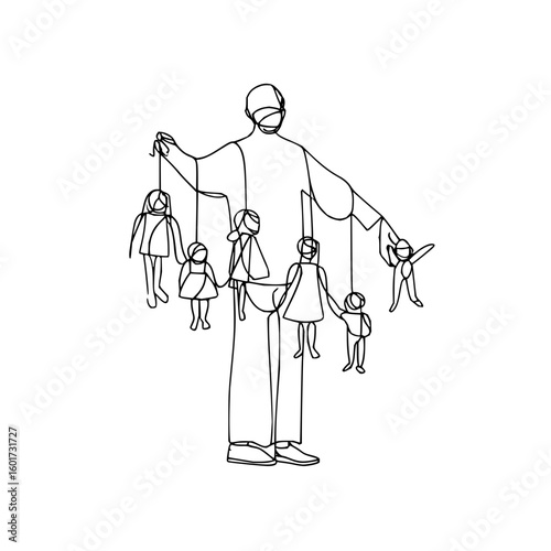 A person controlling several child puppets with strings in a minimalist line art style on a white background