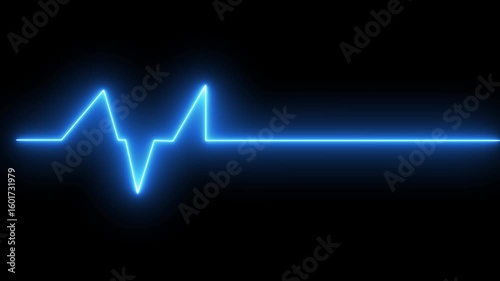 Blue Neon ECG Flatline Pulse – Glowing Electrocardiogram Line Art on Black Background, Medical Emergency Heartbeat Monitor Concept for Life Support Failure, Cardiac Arrest, or Health Crisis Themes
