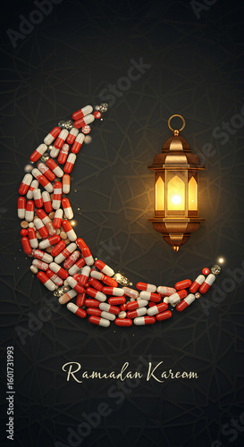 Ramadan Kareem greeting with a moon made of pills