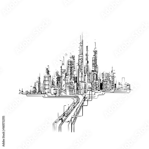 Sketch of a futuristic city skyline with tall buildings and a train track leading into the urban center