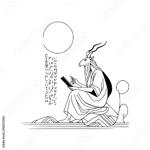 Stylized depiction of a seated anthropomorphic goat figure reading a tablet with a sun above writing