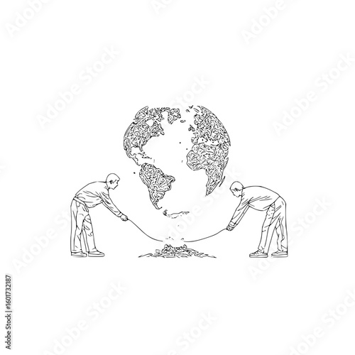 Two men pulling a rope connected to a pile of debris under a globe outline on a white background
