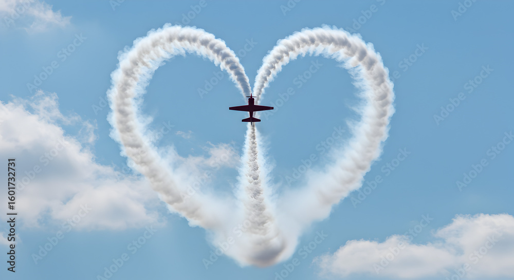 Fototapeta premium Crimson Airplane Drawing a Heart with Smoke Trails in Blue Sky Aerial Performance