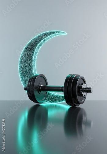 Dumbbell with a glowing crescent moon for Ramadan fitness